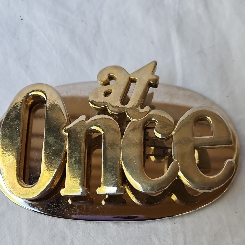 VINTAGE "AT ONCE  " GOLD METAL DESKTOP PAPERWEIGHT PAPERCLIP  ORGANIZER  STORAGE